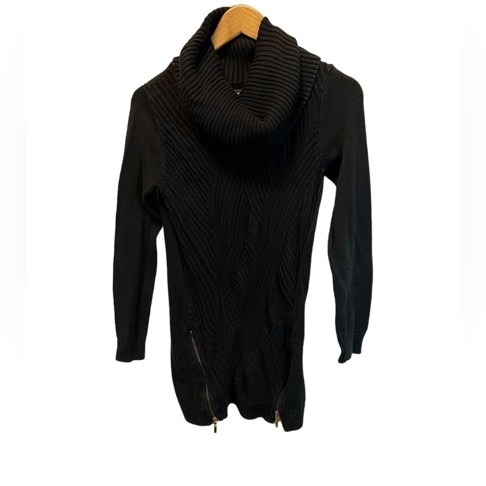 INC Black Cowl Neck Cable Knit Zipper Detail Long Tunic Pullover Sweater M